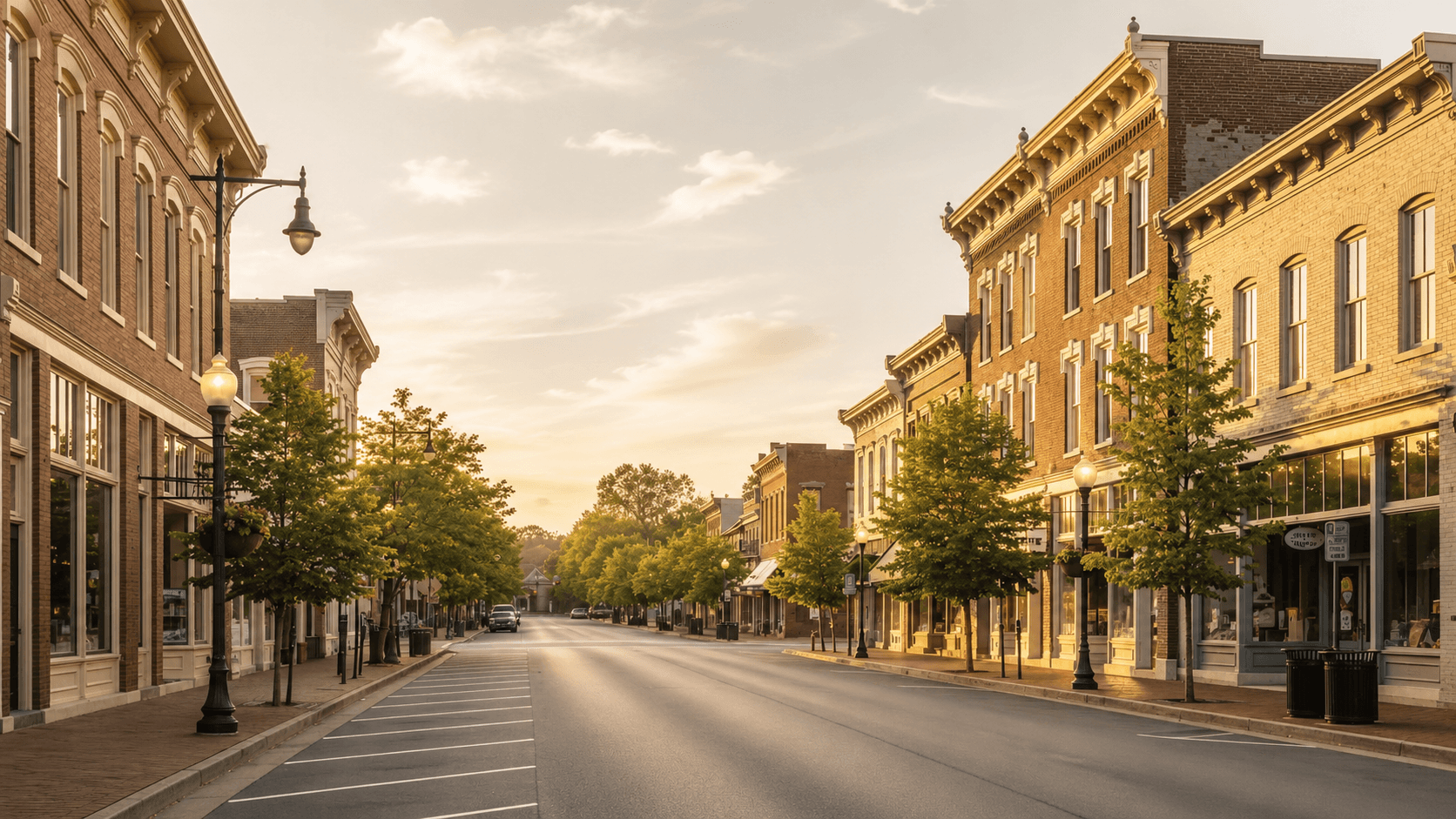 Golden-hour view over a historic North Georgia town framed by the foothills